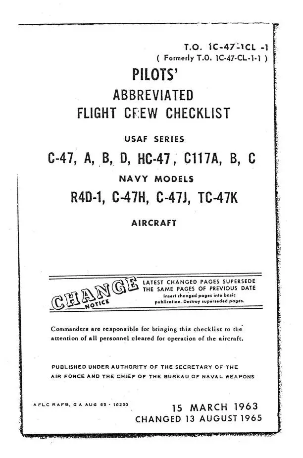 Douglas C47 Pilot's Abbreviated Flight Crew Checklist (T.O. 1C-47-Cl-1-1) 1