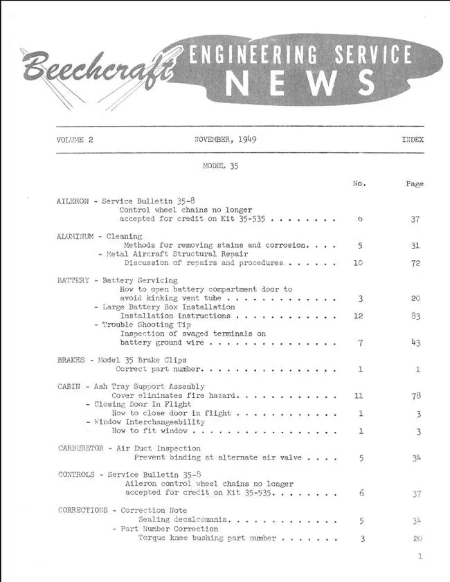 Beech Engineering Service News 1949 Vol Ii 1
