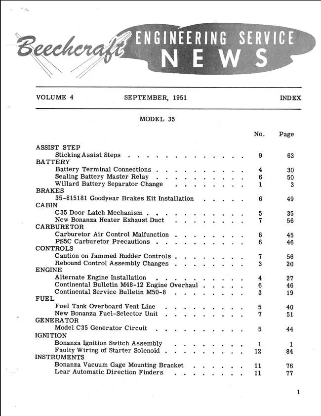 Beech Engineering Service News 1951 Vol Iv 1