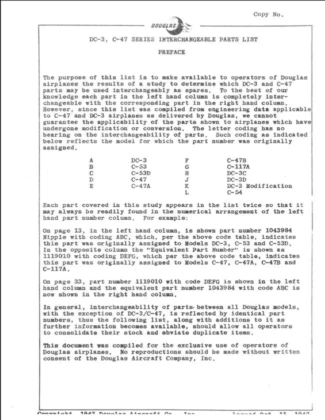 Douglas Dc-3, C-47 Series Interchangeable Parts List 1