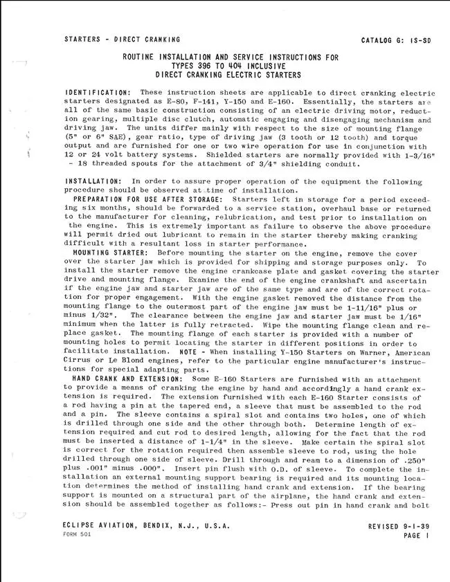 Eclipse Types 396-404 Inclusive Direct Cranking Starters Installation & Service Instructions 1