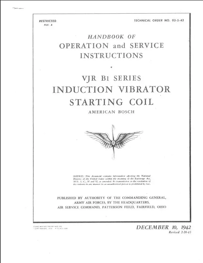American Bosch Vjr B1 Series Induction Vibrator Starting Coil Operation & Service Instructions Handbook (T.O. 03-5-43) 1