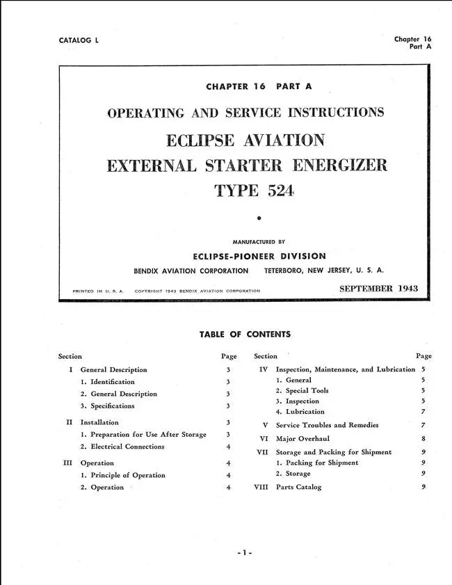 Eclipse-Pioneer External Starter Energizer Type 524 Operating, Overhaul, & Service Instructions 1