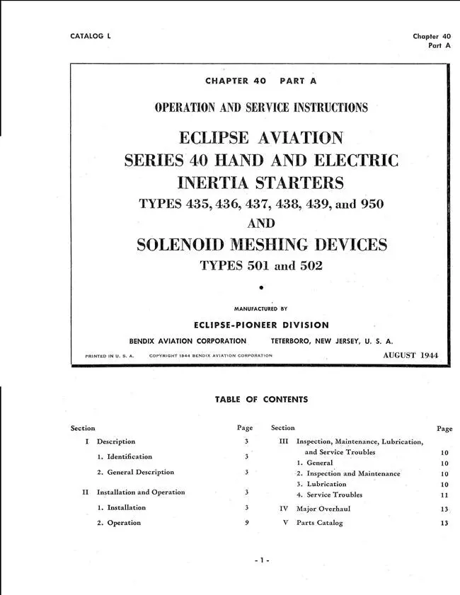 Eclipse-Pioneer Series 40 Hand & Electric Inertia Starters & Solenoid Meshing Devices Operation & Service Instructions Manual 1