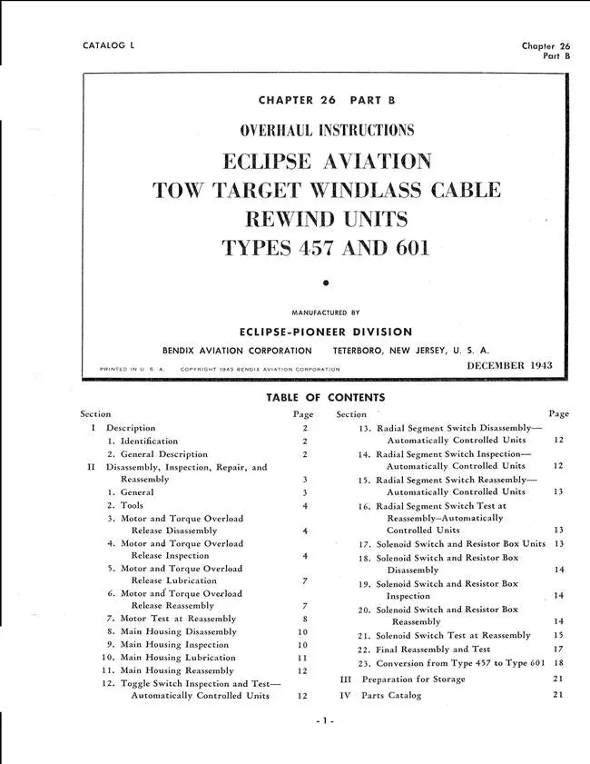 Eclipse-Pioneer Tow Target Windlass Cable Rewind Units Types 457, 601 Overhaul Instructions 1
