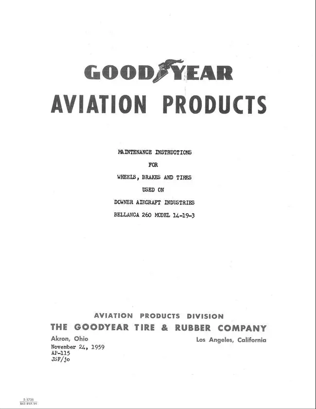 Goodyear Bellanca 260 Model 14-19-3 Wheels, Brakes, Tires Maintenance Instructions Manual 1