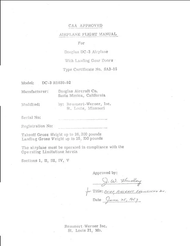 Douglas Dc-3 R1830-92 Airplane Flight Manual (Type Certificate No. Sa3-15) 1