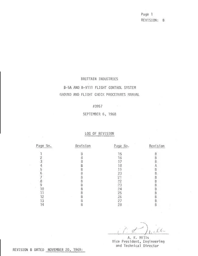 Brittain Industries B-5A, B-Viii Flight Control System Ground & Flight Check Procedures Manual (No. 3957) 1