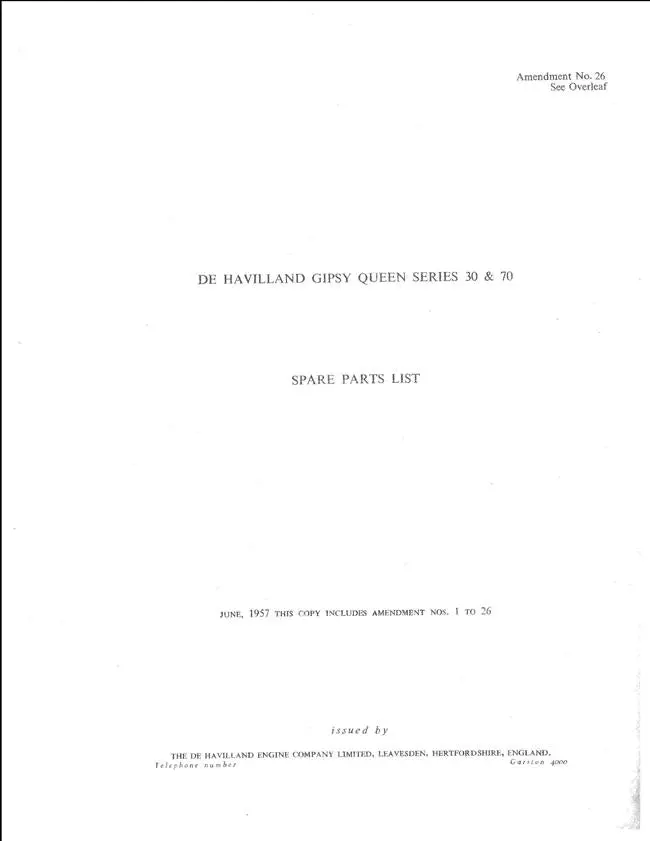 Dehavilland Gipsy Queen Series 30 & 70 Spare Parts List 1