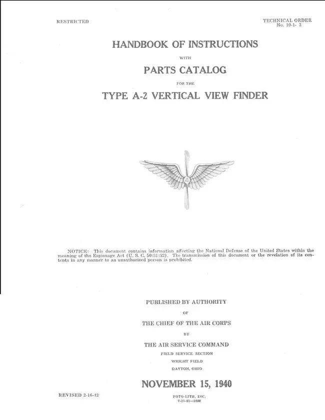 Usaf Type A-2 Vertical View Finder Instructions Handbook-Parts Catalog 1