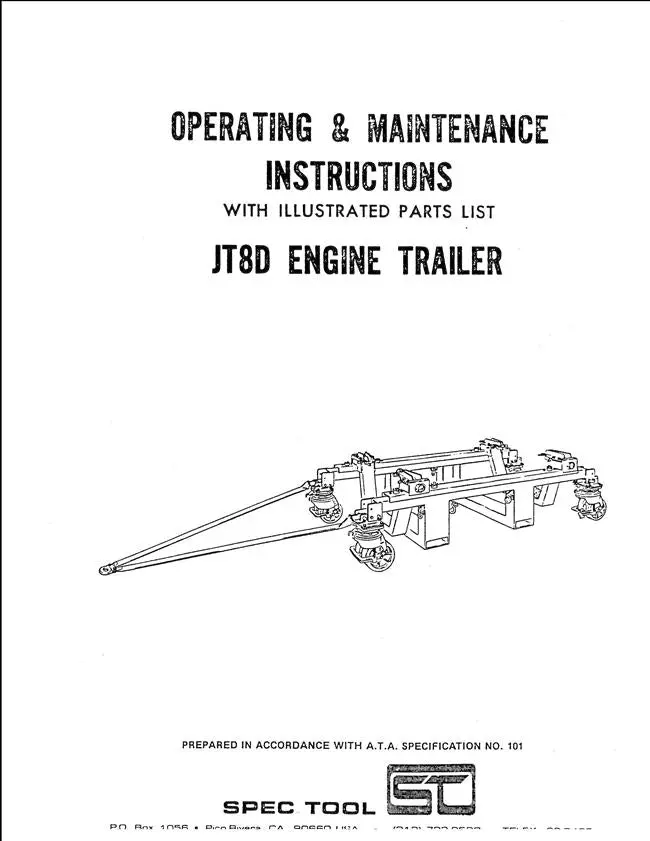 Spec Tool Jt8d Engine Trailer Operating & Maintenance Instructions Manual With Parts List 1