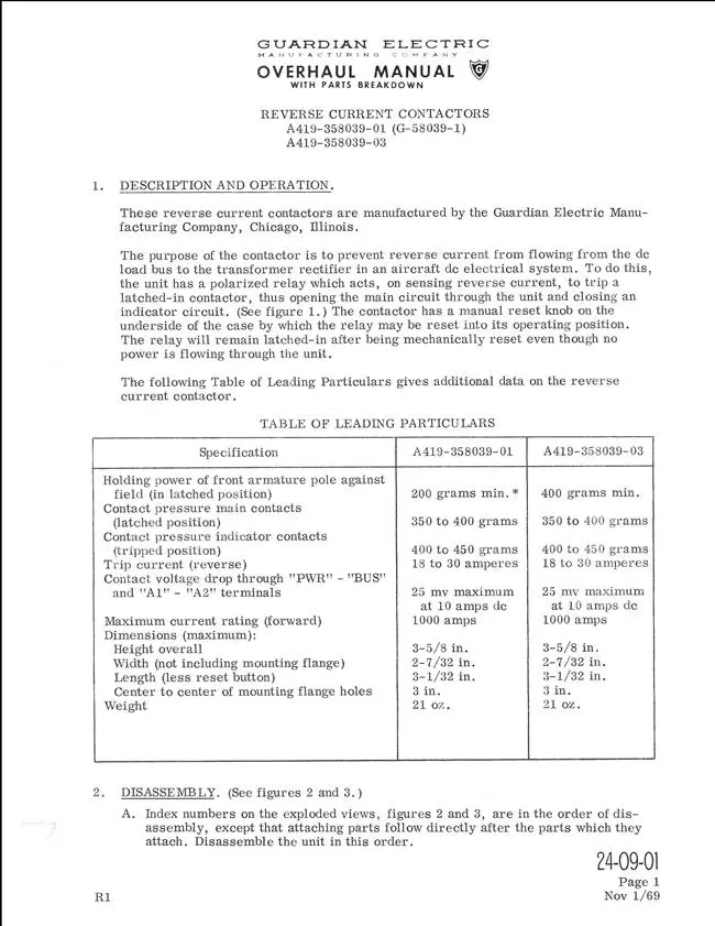Guardian Electric Reverse Current Contactors Overhaul Manual & Parts Breakdown 1