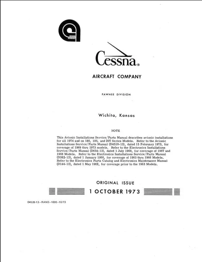Cessna Avionic Installations Model 180, 185, 207 Series 1974 Service-Parts Manual 1