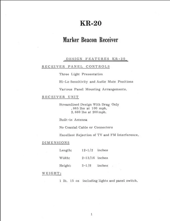 King Kr-20 Marker Beacon Receiver Instruction Manual 1