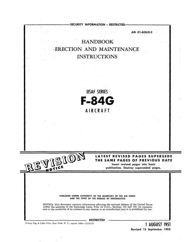 Republic Aviation F-84G 1951 Erection & Maintenance Handbook (1F-84G-2) 1