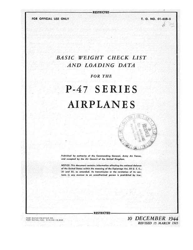 Republic Aviation P-47 1944 Basic Weight Checklist & Loading Data (01-65B-5) 1