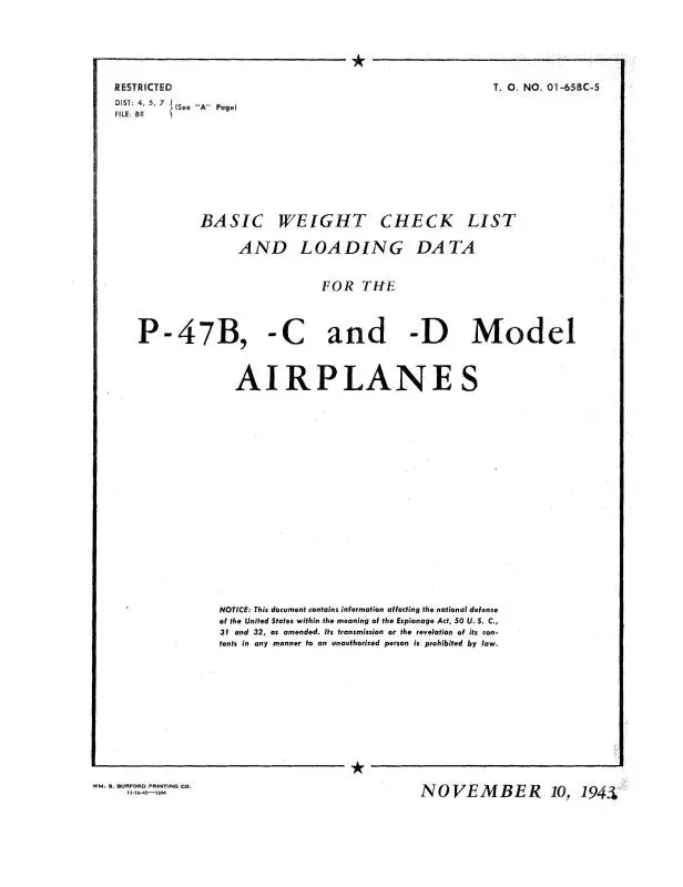 Republic Aviation P-47B,-C & -D 1943 Basic Weight Checklist & Loading Data (01-65Bc-5) 1