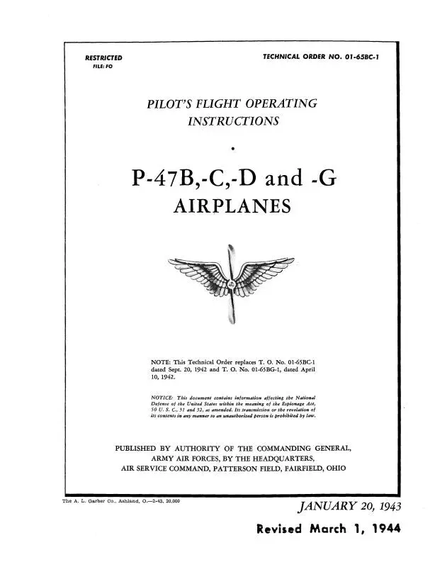 Republic Aviation P-47B,-C,-D&G 1943 Pilot's Flight Operating Instructions (01-65Bc-1) 1