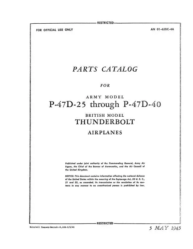 Republic Aviation P-47D-25 Thru P-47D-40 1945 Parts Catalog (01-65Bc-4A) 1