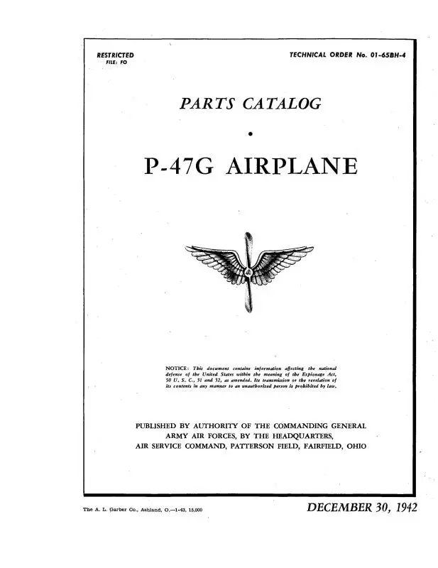 Republic Aviation P-47G 1942 Parts Catalog (01-65Bh-4) 1