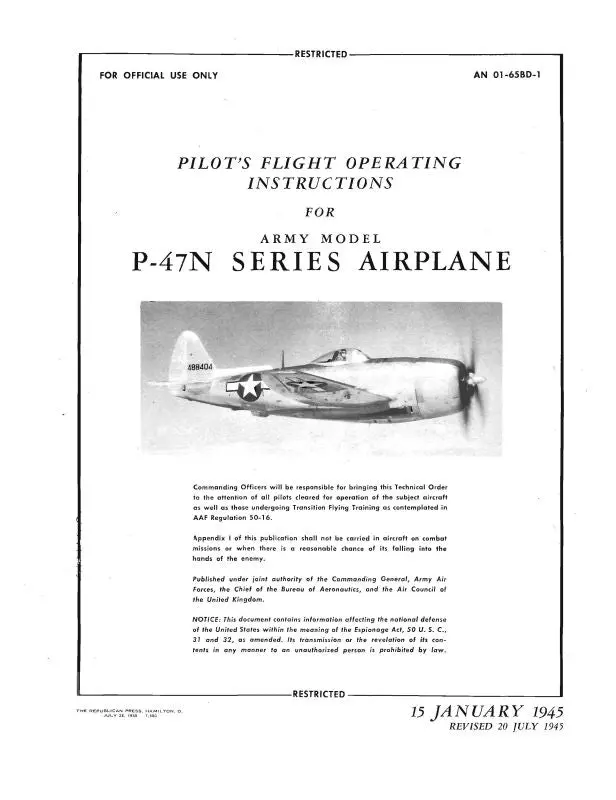 Republic Aviation P-47N Series Thunderbolt 1945 Pilot's Flight Operating Instructions Manual (An-01-65Bd-1) 1