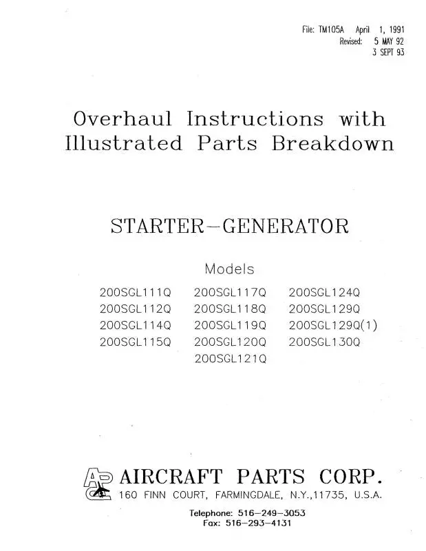 Aircraft Parts Corp. Starter-Generator 1991 Overhaul Instructions With Illustrated Parts (Tm105a) 1