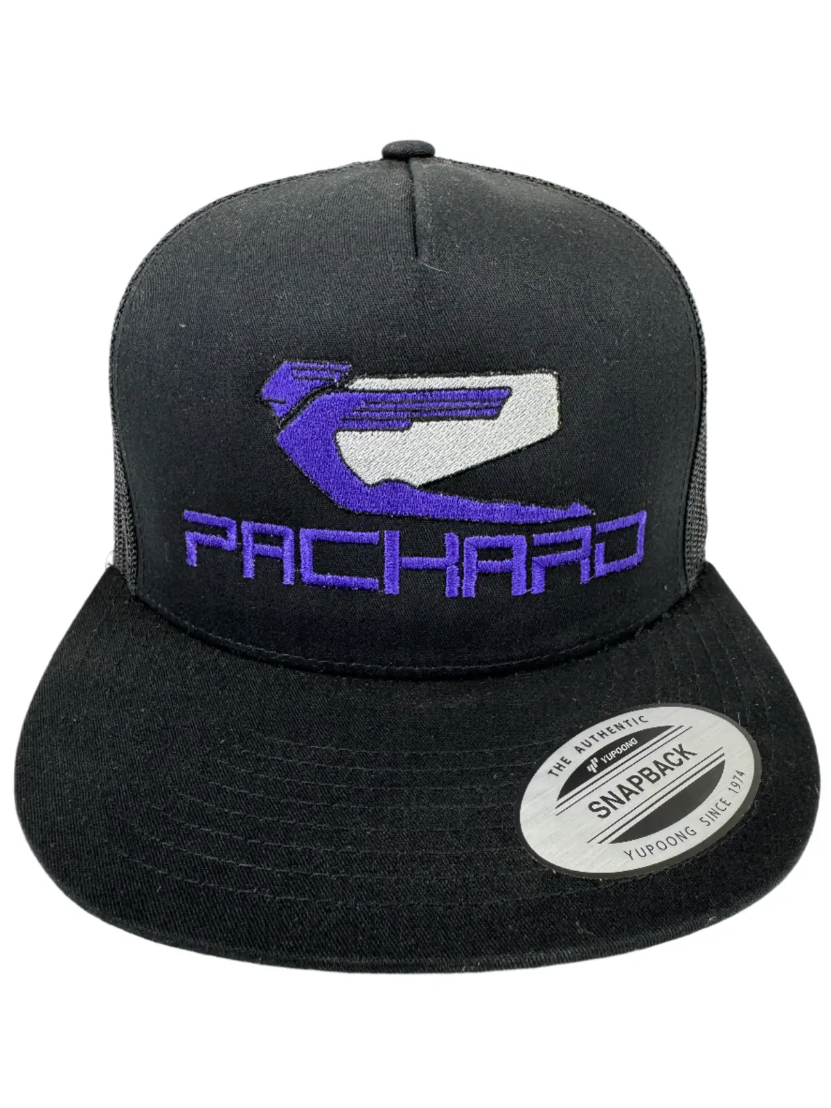 Embroidered Trucker Hat Flat Brim Purple Logo 1