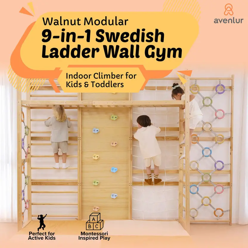 Avenlur | Walnut Modular | Swedish Ladder Jungle Gym - 79" Height - Wall Mounted 1