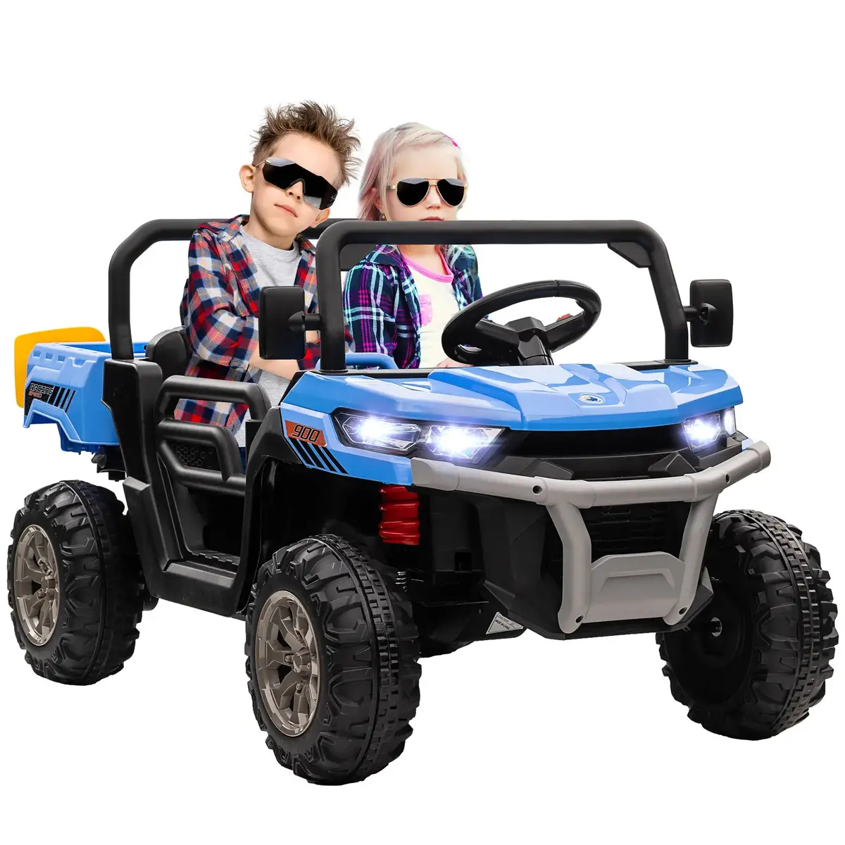 Aosom 12V Ride On Car With Electric Bucket, Two-Seater, Shovel, Remote Control, Spring Suspension, Horn, Music, Blue 1