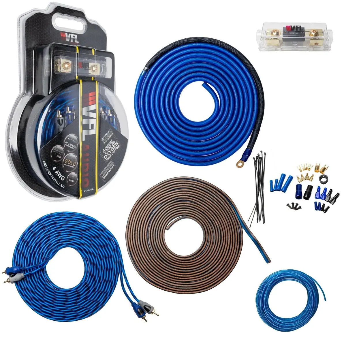 Vfl 4 Gauge Complete Ofc (Oxygen Free Copper) Amplifier Wiring Kit - High Power Car Audio Amp Install Kit With Power, Ground & Rca Cables 1