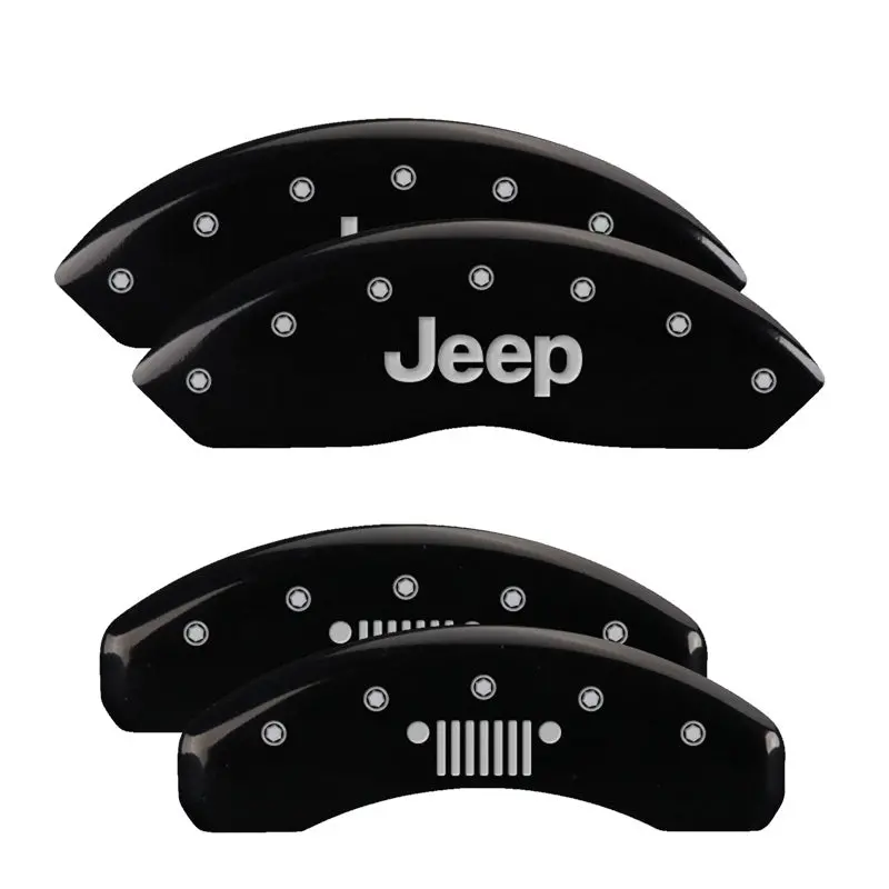 Mgp Engraved 4-Piston Caliper Covers – Front & Rear With Jeep Logo, Black Base With Silver Chrome Accents 1