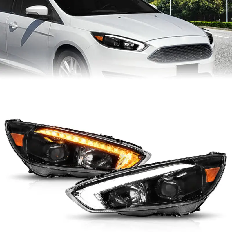 Anzo Projector Headlights With Integrated Light Bar For 2015–2018 Ford Focus – Switchback Leds, Black Housing 1
