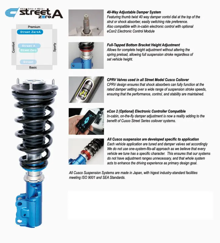 Cusco Street Zero-A Coilover Kit For Subaru Forester Sg5/Sg9 – 40-Way Adjustable Dampers, Upper Mounts Included 1